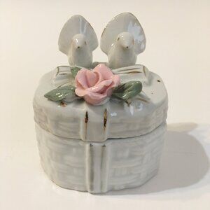 Pink Rose Dove Trinket Box Birds Flower Bow Jewelry Treasure White Porcelain